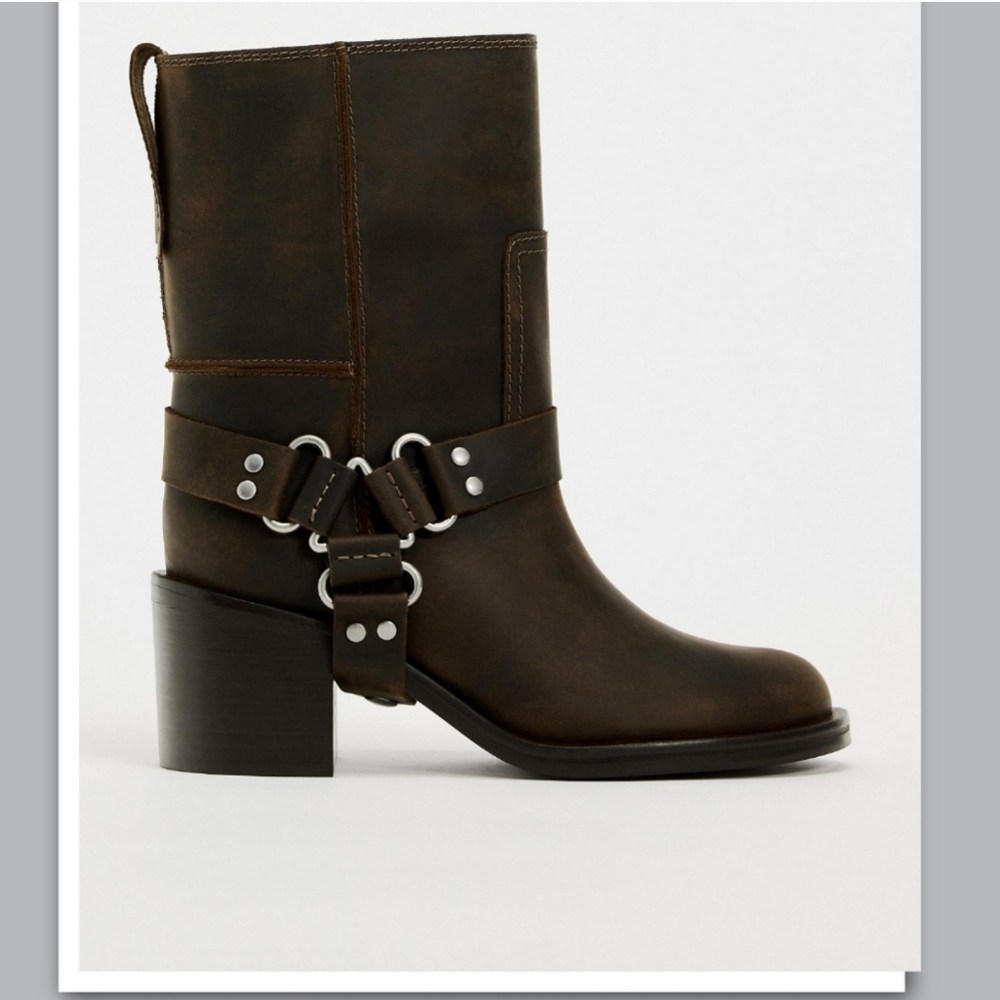 Zara distressed wide heeled leather ankle boots new with tags sz 6.5 brown